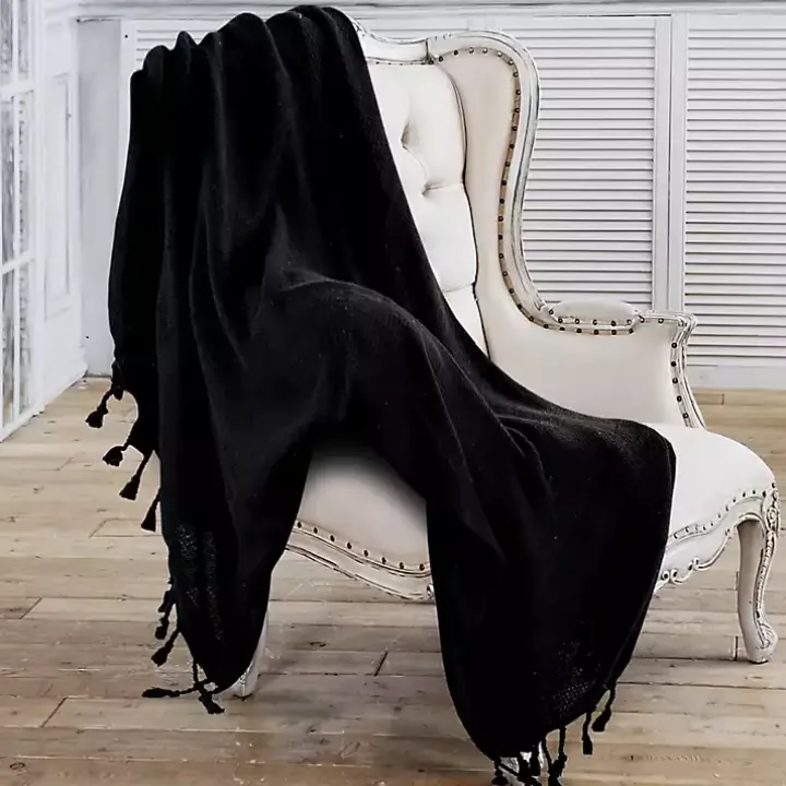 Black Checkered Weave Fringe Throw