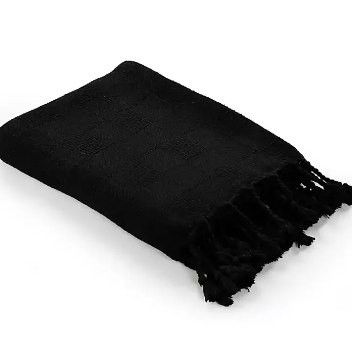 Black Checkered Weave Fringe Throw