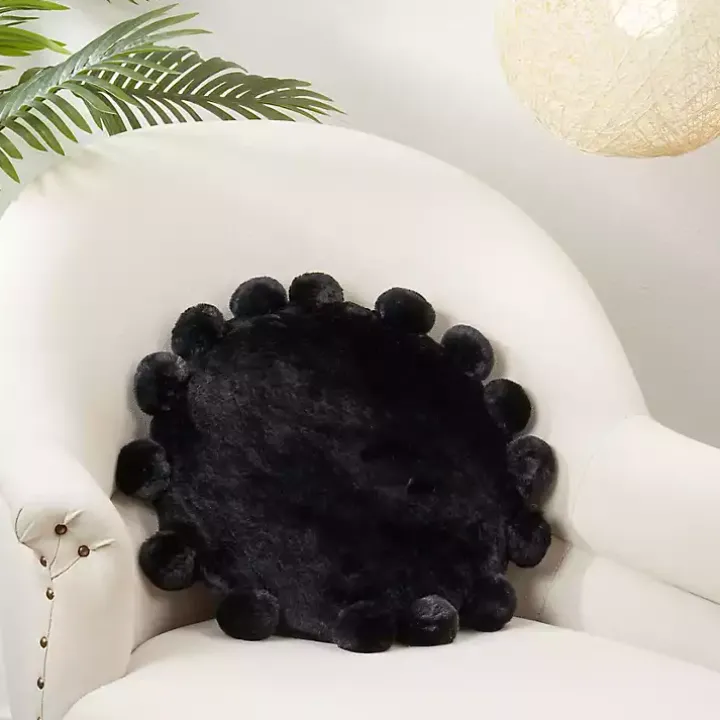 Black Faux Fur Round Pom Pom Throw Pillow