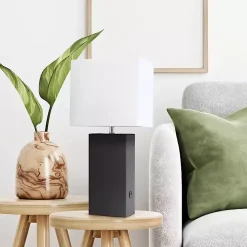 Black Faux Leather Charging Table Lamp