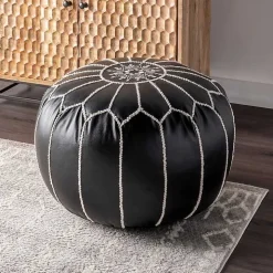 Black Faux Leather Pouf