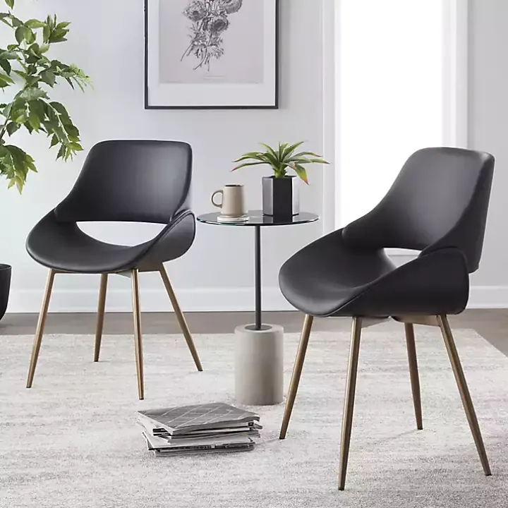 Black Faux Leather Scooped Accent Chairs, Set of 2