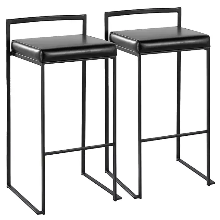 Black Faux Leather Stackable Bar Stools, Set of 2