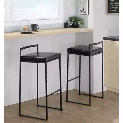 Black Faux Leather Stackable Bar Stools, Set of 2