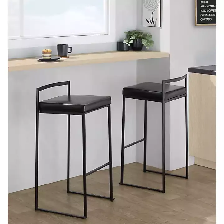 Black Faux Leather Stackable Bar Stools, Set of 2