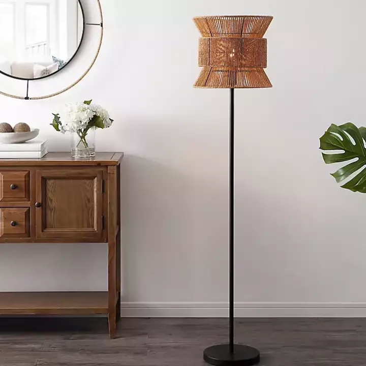 Black Floor Lamp with Natural Woven Shade