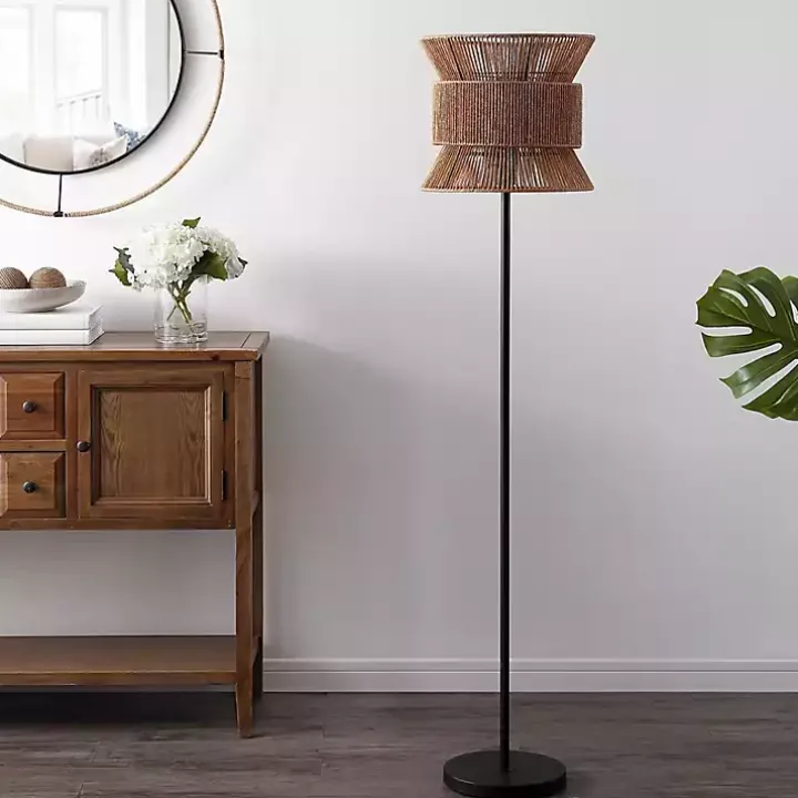 Black Floor Lamp with Natural Woven Shade