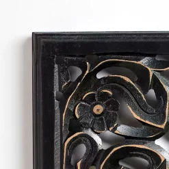 Black Floral Carved Wood Wall Plaque