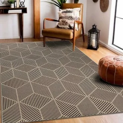 Black Geometric Washable Area Rug, 5x7