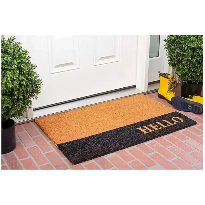 Black Hello Bold Stripe Coir Doormat, 24 in.