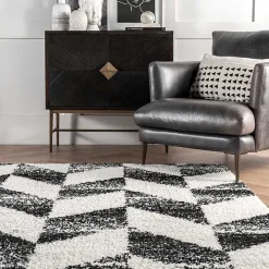 Black Herringbone Shag Area Rug, 9x12