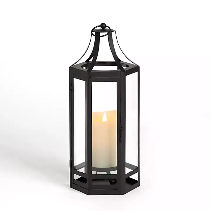 Black Hexagon Iron and Glass Lantern, 15 in.
