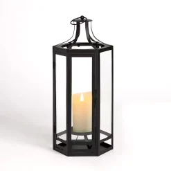 Black Hexagon Iron and Glass Lantern, 19 in.