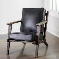 Black Leather and Wood Accent Chair