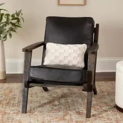 Black Leather and Wood Accent Chair