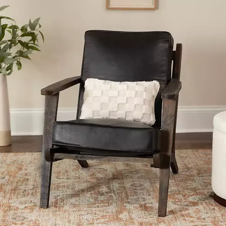 Black Leather and Wood Accent Chair