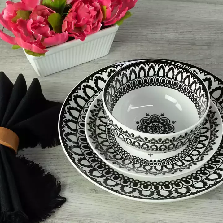 Black Lila Patterned 12-pc. Dinnerware Set
