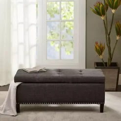 Black Linen Button Tufted Storage Bench