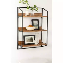 Black Metal & Rustic Wood Tiered Wall Shelf