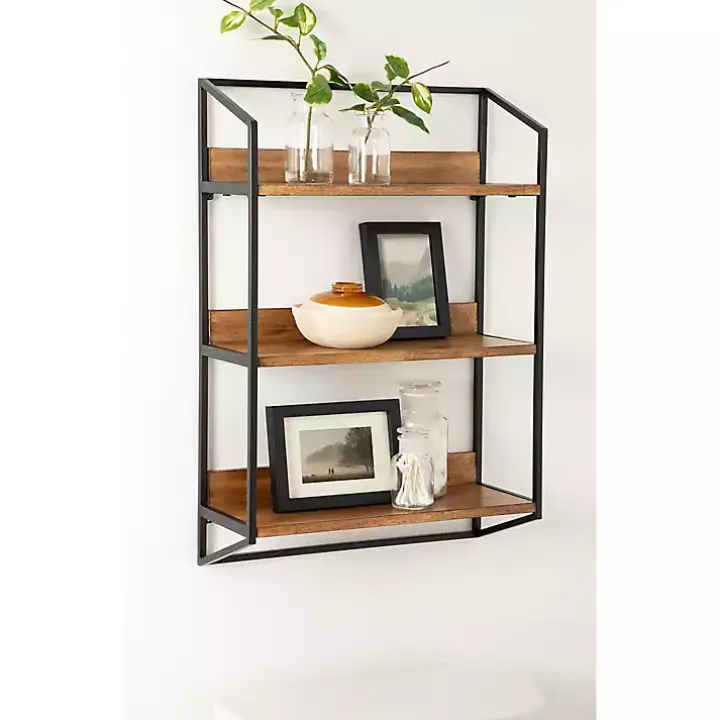 Black Metal & Rustic Wood Tiered Wall Shelf