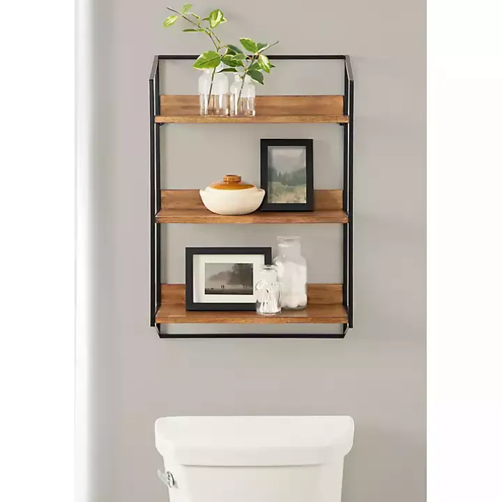 Black Metal & Rustic Wood Tiered Wall Shelf