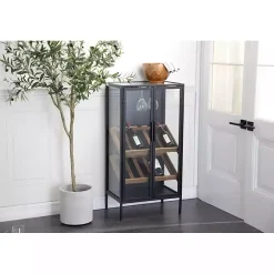 Black Metal and Brown Wood Standing Wine Rack