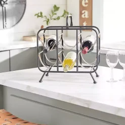 Black Metal and Faux Leather Wine Rack