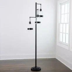 Black Metal and Glass Globe 3-Arm Floor Lamp