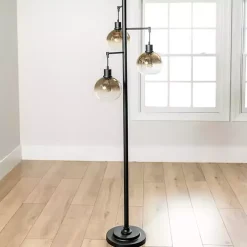 Black Metal and Gold Glass 3-Arm Floor Lamp