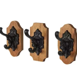 Black Metal and Wood Wall Hooks, Set of 3