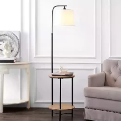Black Metal Floor Lamp with Wood Shelves