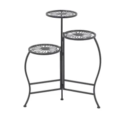 Black Metal Floral 3-Tier Plant Stand