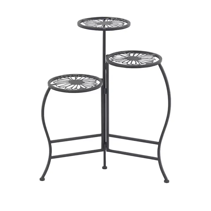 Black Metal Floral 3-Tier Plant Stand
