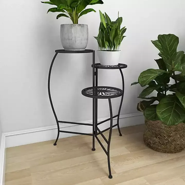 Black Metal Floral 3-Tier Plant Stand