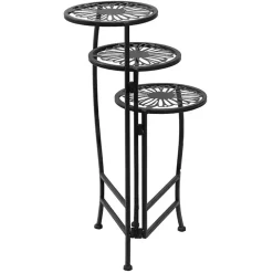 Black Metal Floral 3-Tier Plant Stand