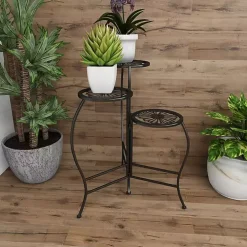 Black Metal Floral 3-Tier Plant Stand