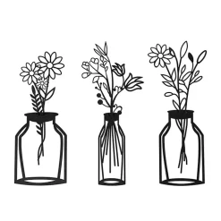 Black Metal Floral Vase Wall Plaques, Set of 3