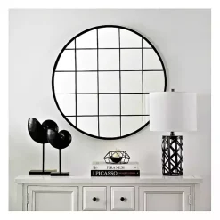 Black Metal Grid Frame Round Wall Mirror