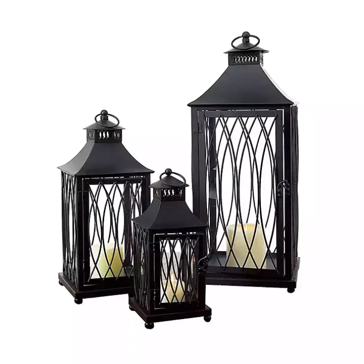 Black Metal Lanterns with Top Handles, Set of 3