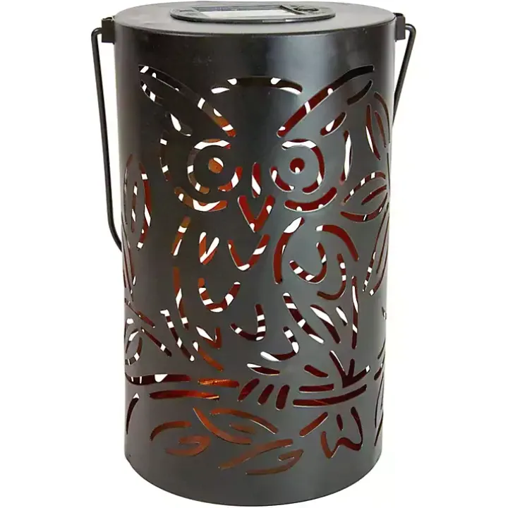 Black Metal Owl Dusk-to-Dawn Outdoor Solar Lantern
