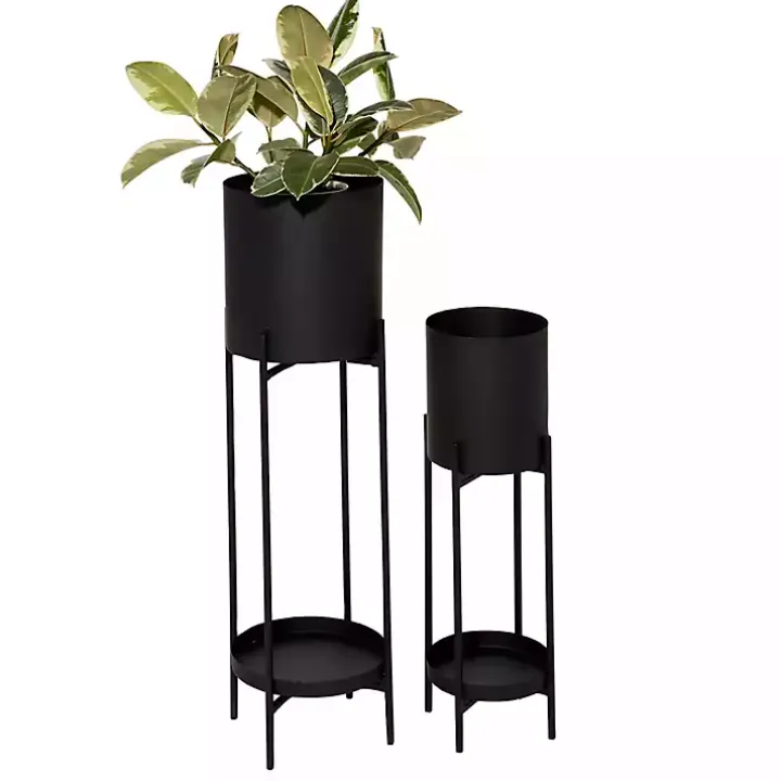 Black Metal Plant Stands with Shelves, Set of 2