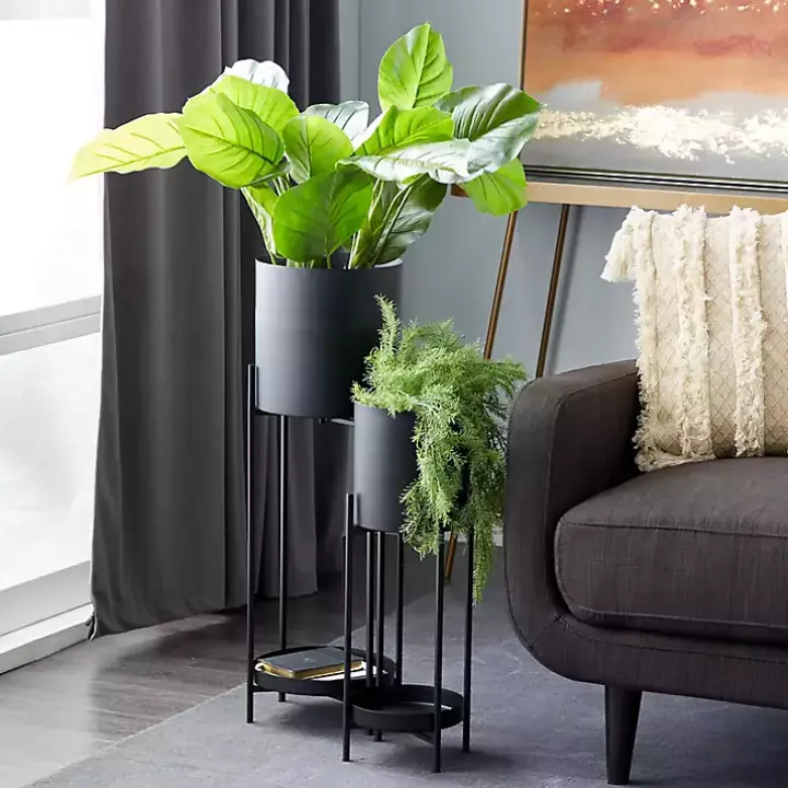 Black Metal Plant Stands with Shelves, Set of 2