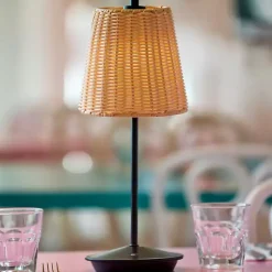 Black Metal Rattan Shade Cordless Table Lamp