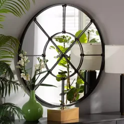 Black Metal Round Geometric Pane Wall Mirror