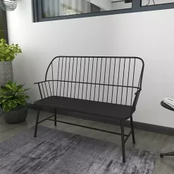 Black Metal Slatted Back Outdoor Bench