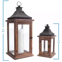 Black Metal Top Wood Lanterns, Set of 2