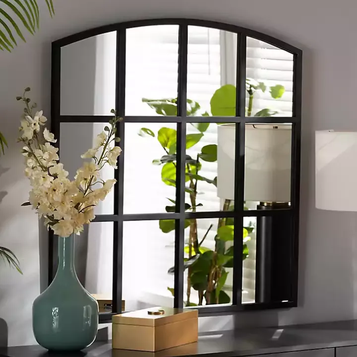 Black Metal Windowpane Arched Wall Mirror