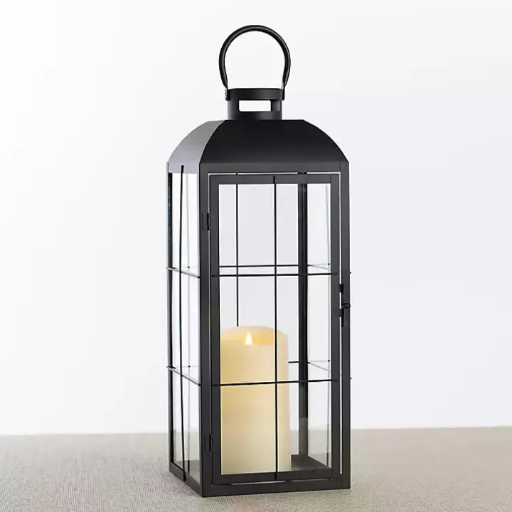 Black Metal Windowpane Lantern, 21 in.