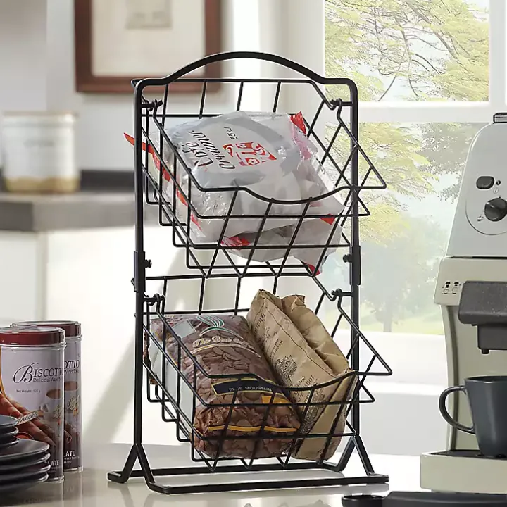 Black Metal Wire 2-Tier Square Kitchen Basket