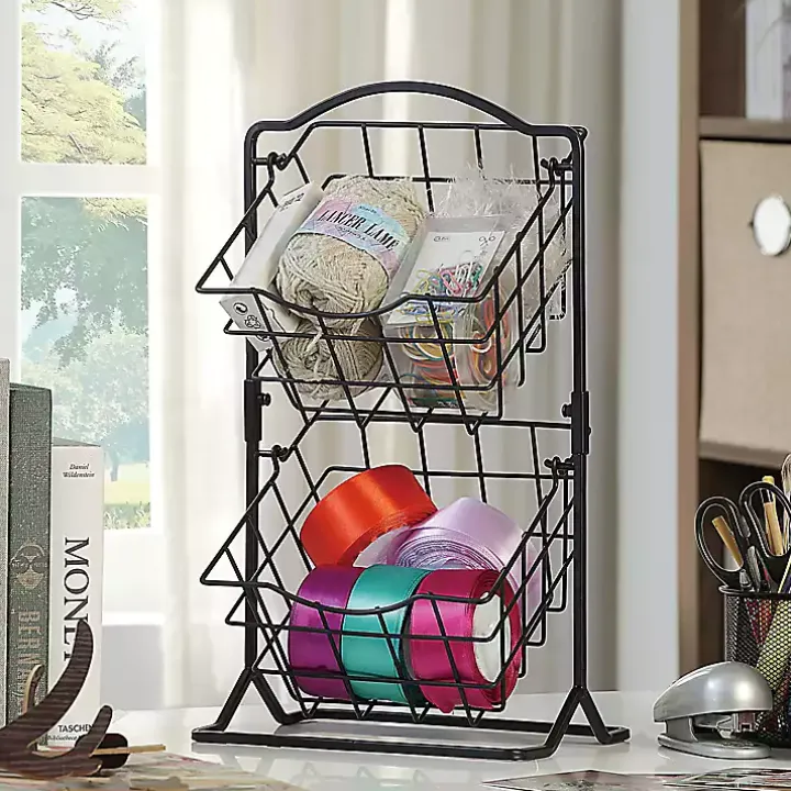 Black Metal Wire 2-Tier Square Kitchen Basket